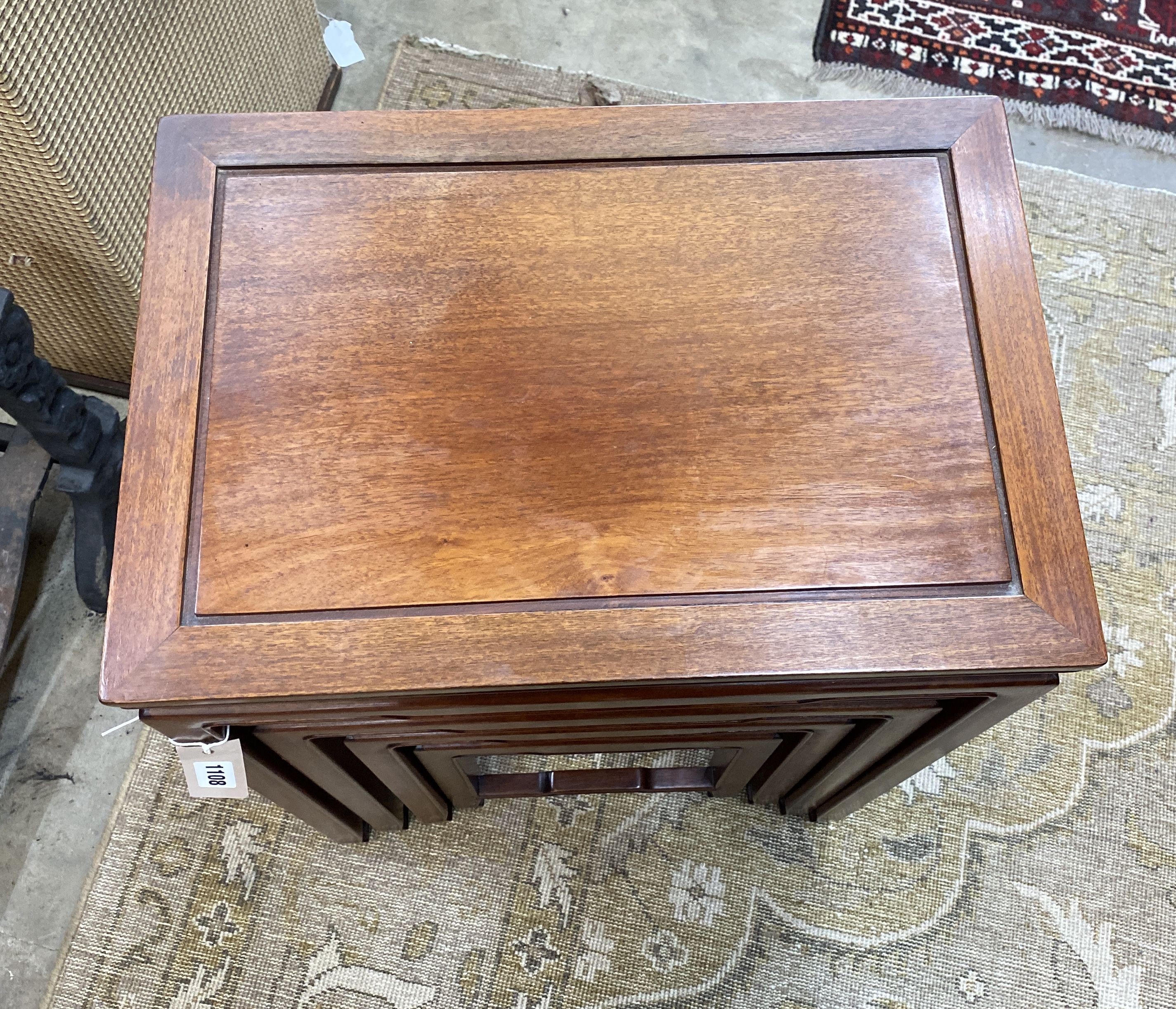 A quartetto of rectangular Chinese hardwood tea tables, width 49cm, depth 34cm, height 70cm